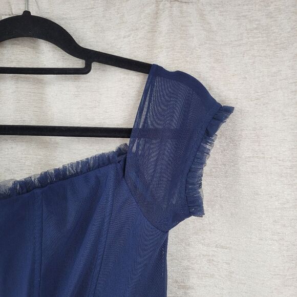 Betsy & Adam Navy Blue Off-Shoulder Formal See Through Corset Prom Dress - Picture 9 of 16